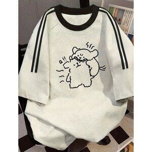 Cute Cartoon Bear Print T-Shirt–Loose Fit, Short Sleeve, Crew Neck, Soft & Comfy